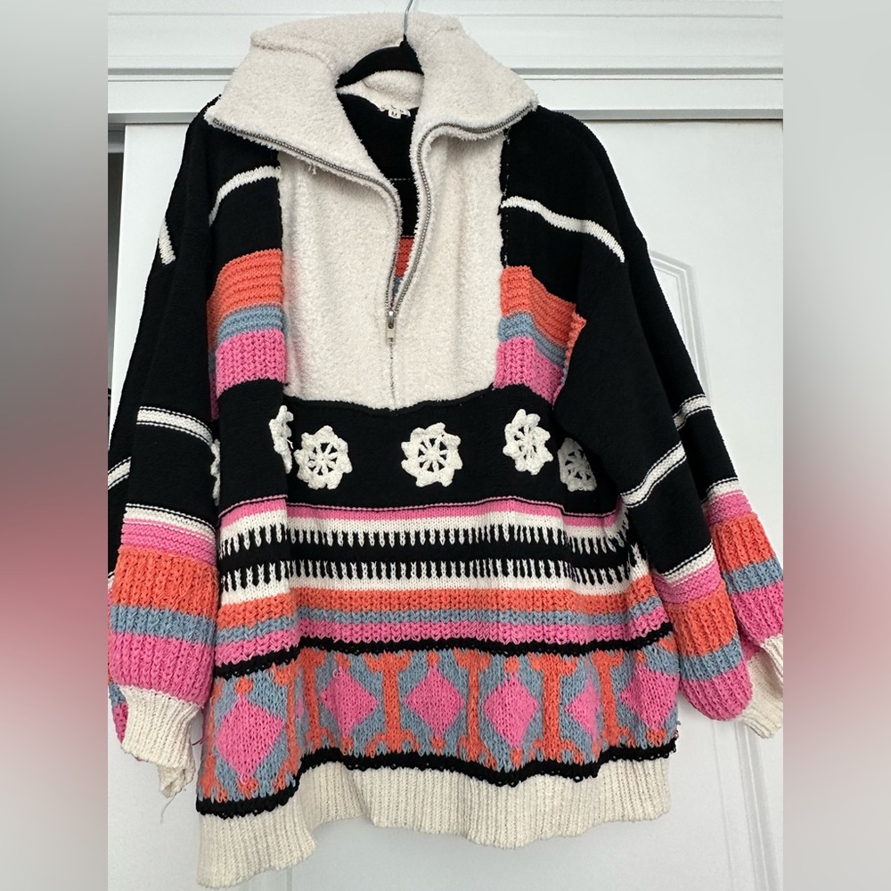 POL Black and Pink Cowl Neck Sweater with Geometric Patterns
